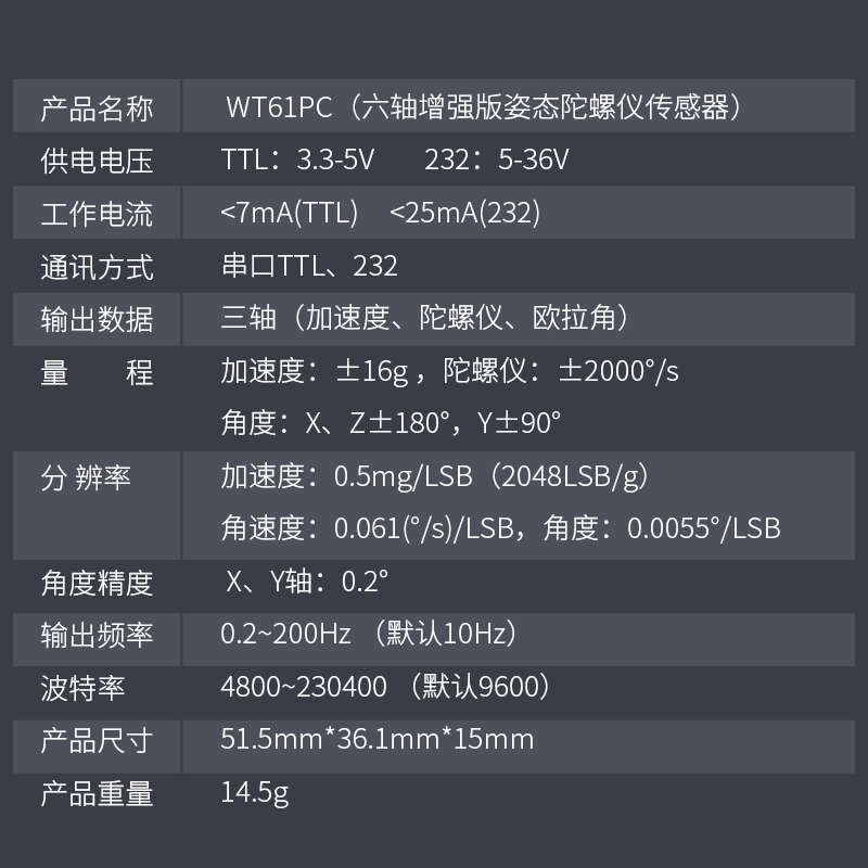 串口轴速角度倾传六感陀器电子螺仪模块角度姿加态测量WT61PC