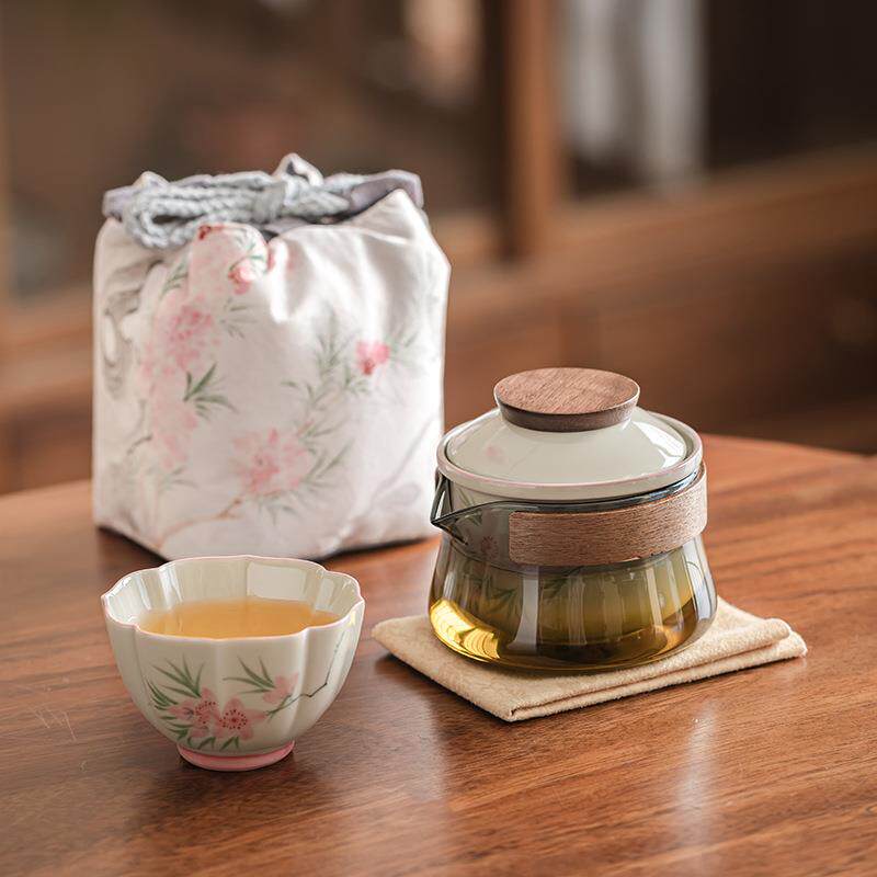 手绘桃花快客杯一壶三杯玻璃旅行茶具套装户外便携式泡茶壶收纳包