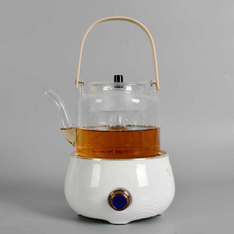 德化白瓷水波纹浮雕电陶炉分离式煮茶器陶瓷茶杯蒸煮两用玻璃壶