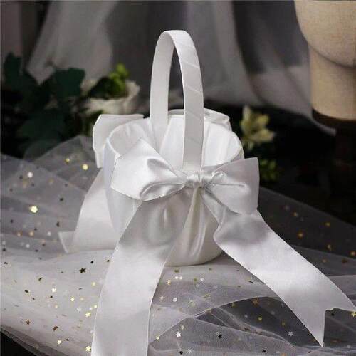 Elegant Wedding Flower Girl Basket White Cute Satin Holder