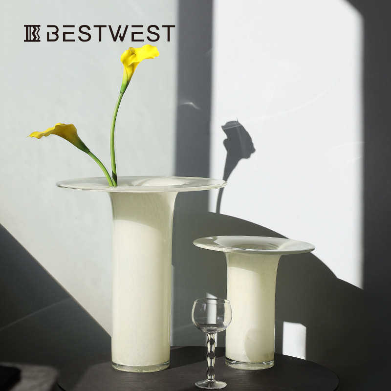 博西家居 奶白圆盘中古玻璃花瓶花器 ins风软装饰品高级家居摆件,家居饰品,花瓶,淘宝优惠券,粉丝福利购,淘宝优惠卷
