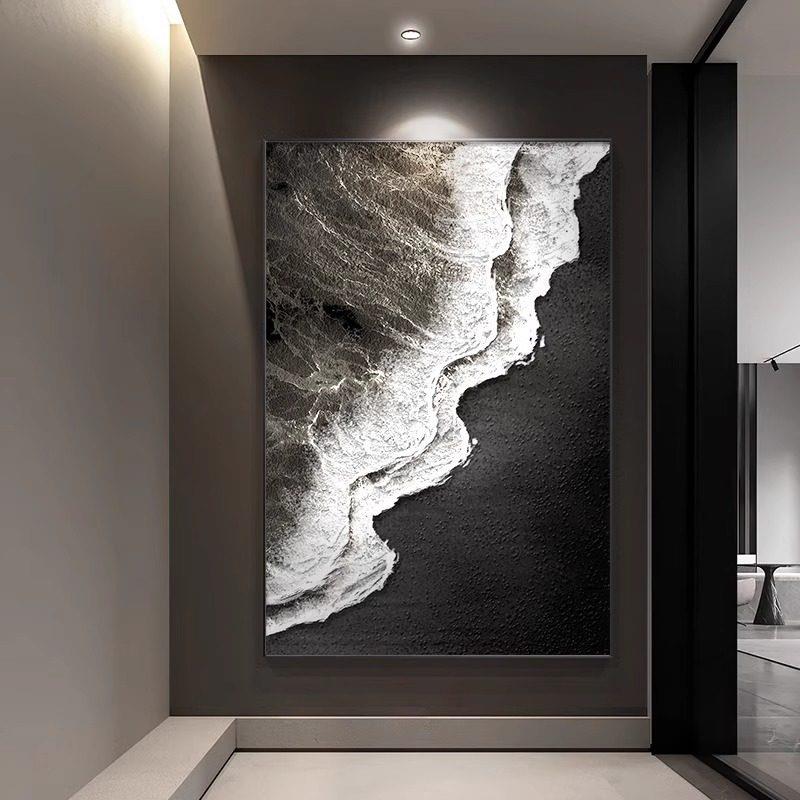 黑白玄关装饰画客厅挂画高级感现代简约走廊过道画海浪风景卧室画