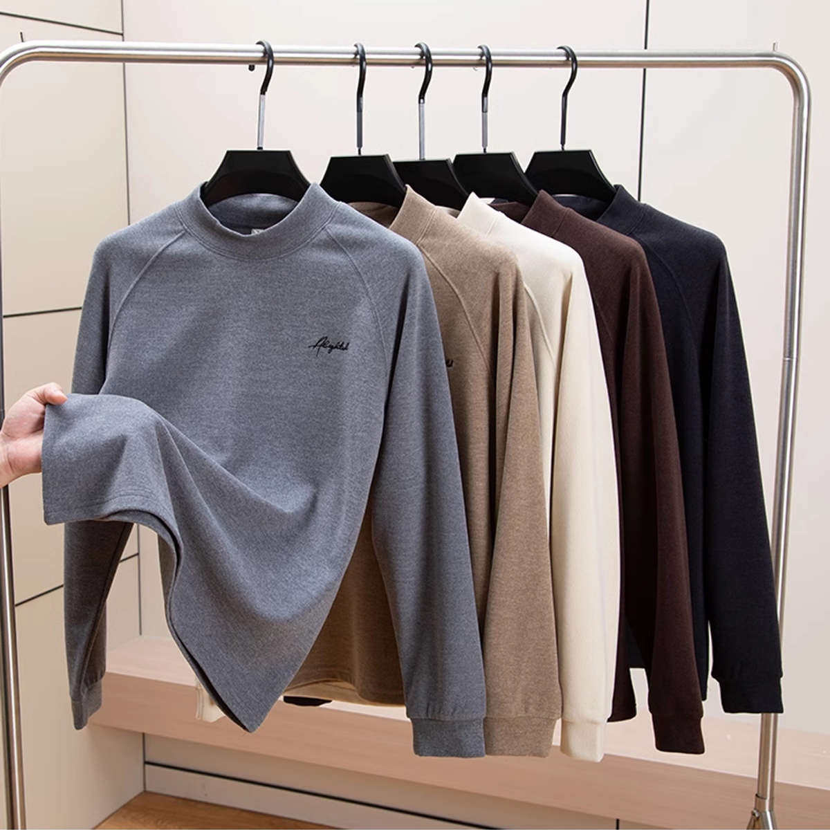 潮流线！阳离子双面磨毛抗起球刺绣半高领插肩袖保暖打底衫男秋冬,男装,T恤,淘宝优惠券,粉丝福利购,淘宝优惠卷