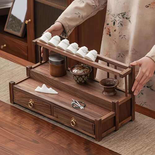 黑胡架桃茶具收纳茶杯XH-222子架实木桌面多宝阁置物架多层新式中
