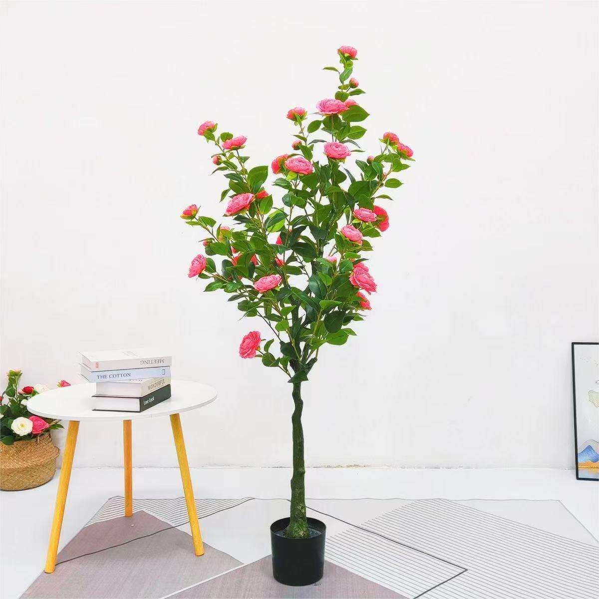 跨境仿真山茶花树植物盆栽室内客厅户外茶花装饰仿真花