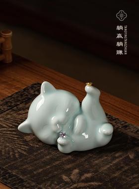 景德镇陶瓷躺着赚钱吉祥猫饰品客厅入口书房桌面工艺品开幕礼品