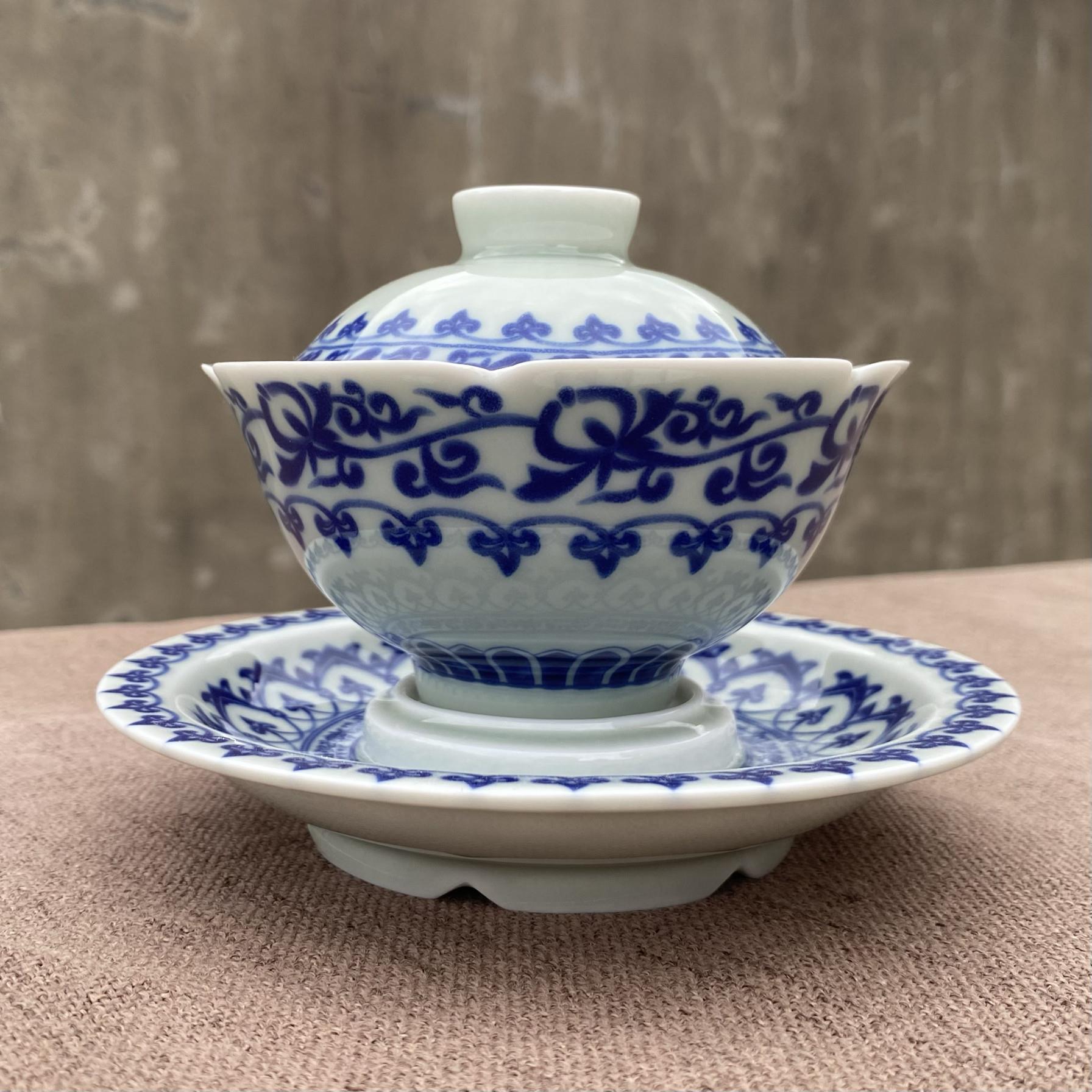 复古青花瓷宝相花花瓣三才盖碗茶杯单个功夫茶具泡茶碗带壶承带盖