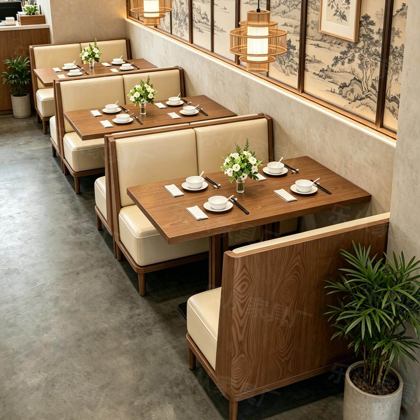 实木卡座沙发中式饭厅主题饭厅餐饮茶楼西餐厅桌椅商用组合