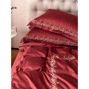 100支全棉婚庆四件套婚嫁纯棉红色床单双人刺绣被套结婚多件套