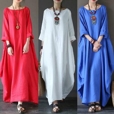Large size cotton and linen long skirt dress