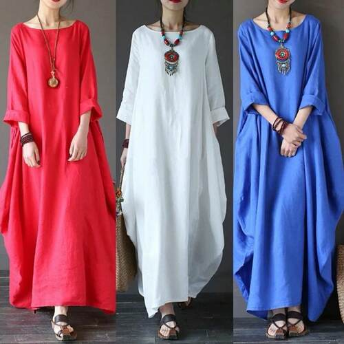 Large size cotton and linen long skirt dress