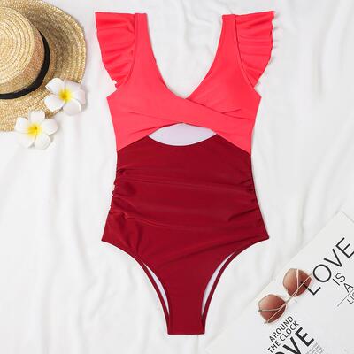 Intentions Ruffle Sleeve Cut Out One Swimsuit Tummy Control