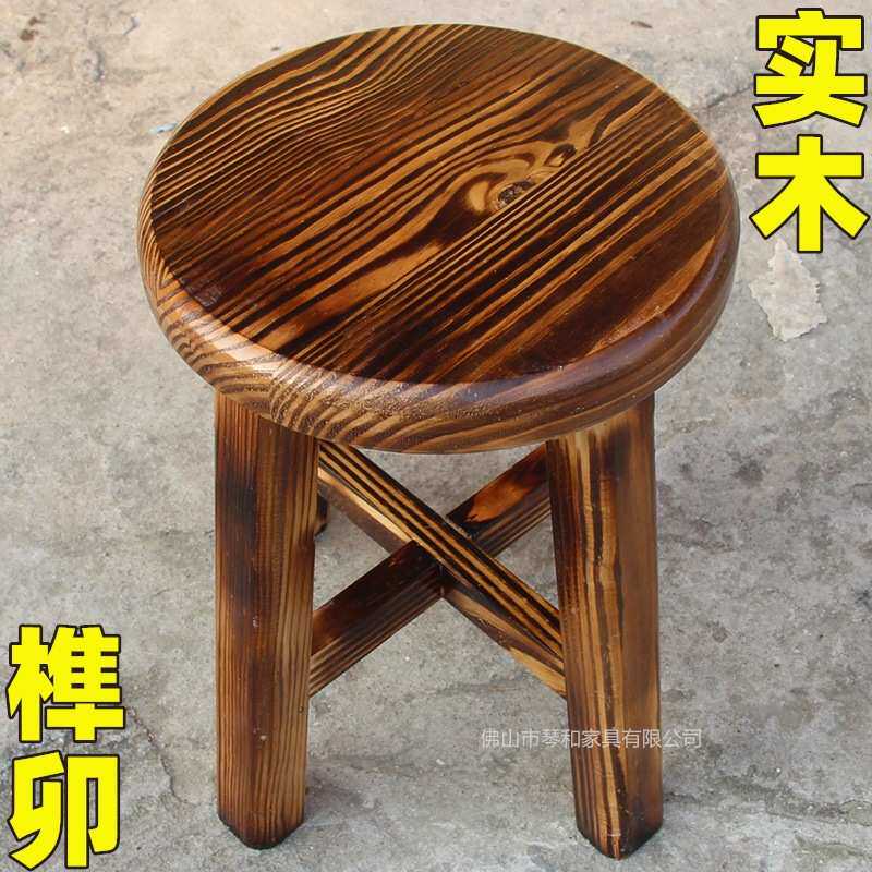 圆凳餐黑色松木饭店腿凳交叉火锅加固餐椅古典碳化复古子炭烧实木