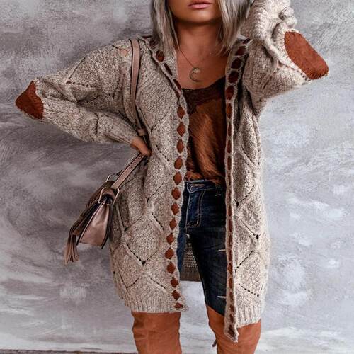 Women Patchwork Print Drop Shoulder Cable Knit Hooded