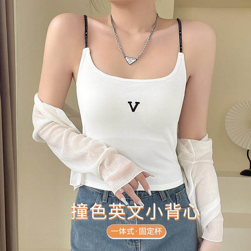 直销新款韩版辣妹细吊带背心打底内搭带胸垫一体杯文胸纯棉百搭外