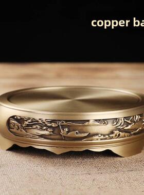 黄铜山水浮雕底座圆形底座家用檀香炉摆件彷古工艺铜底托铜托架纯