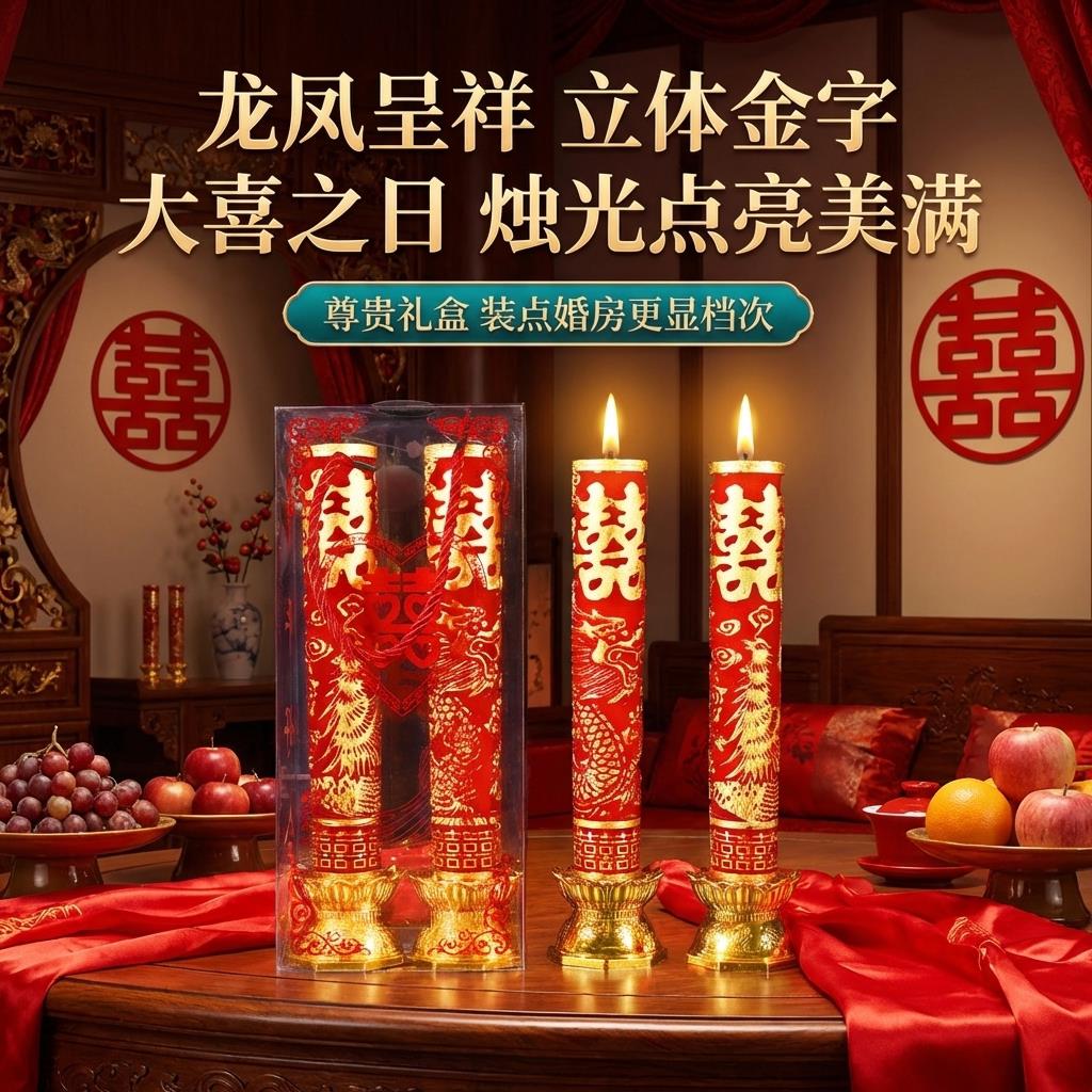 蜡烛结婚一对红色喜烛无烟无味婚房装饰花烛婚礼龙凤烛婚庆用品