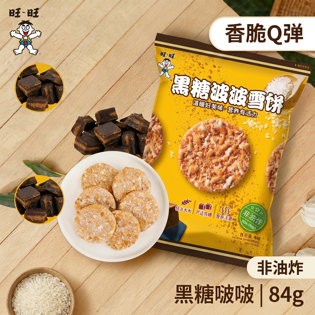 旺旺黑糖啵啵雪饼84g膨化食品非油炸香脆休闲零食解馋小吃儿童