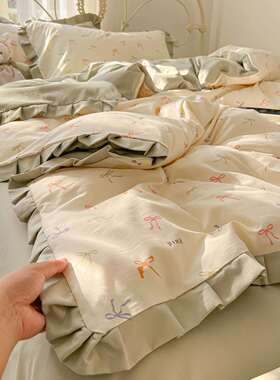 韩版花边针织双层纱单四件套亲VUT肤印柔软花款被套款套件床床笠