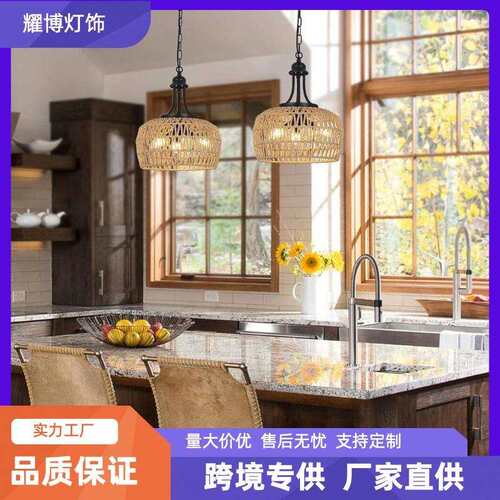 跨境天花板悬挂带编织灯农舍餐厅吊灯3头波西米亚藤枝形吊灯灯具
