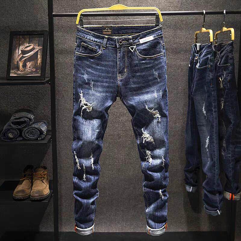 香港潮牌破洞牛仔裤男秋季蓝色破烂补丁修身小脚个性休闲乞丐长裤