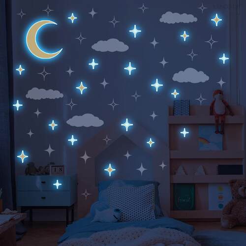 YCL709+JD15501简约夜光月亮星星纯白云朵墙贴卧室客厅背景pvc墙