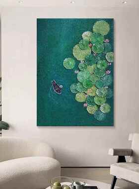 绿色荷叶荷花客厅装饰画画电表箱遮挡画画入户玄关小众艺术高级感