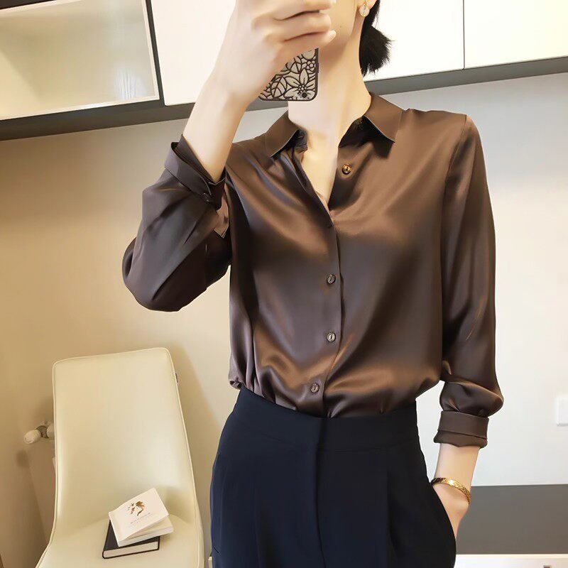 咖色缎面衬衫女士2025秋季新款气质欧货高级感百搭职业OL长袖衬衫
