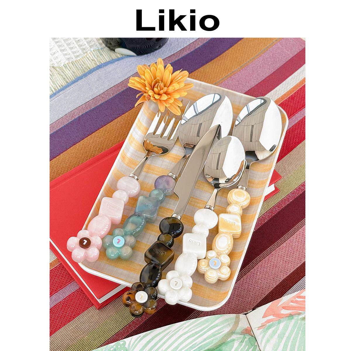Likio 花朵串珠几何餐具套组 勺叉子刀正餐甜品不锈钢组合装礼物