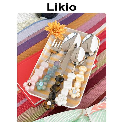Likio 花朵串珠几何餐具套组 勺叉子刀正餐甜品不锈钢组合装礼物