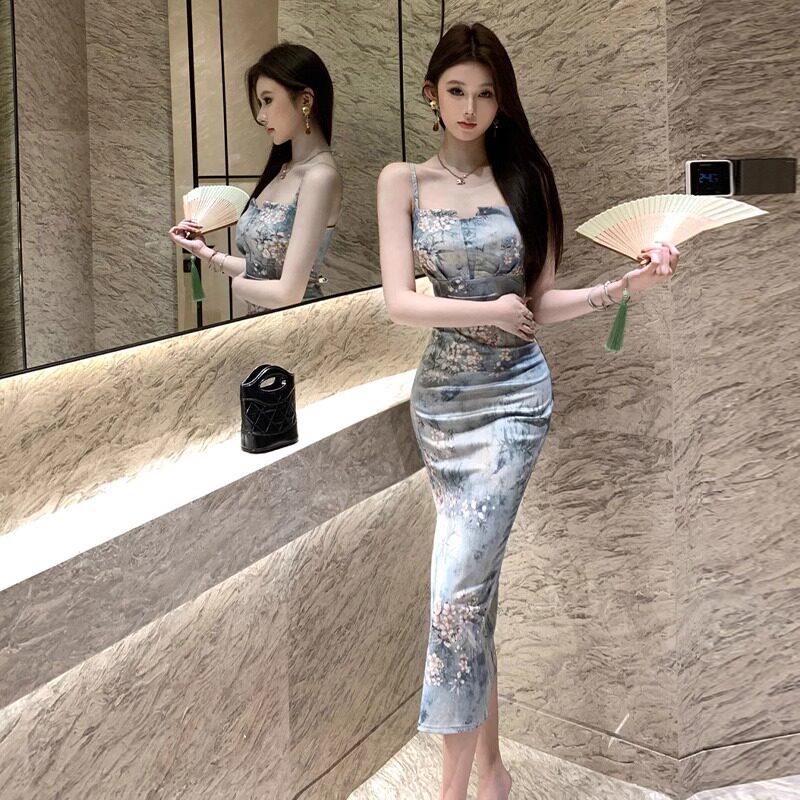 新中式印花性感开叉收腰包臀吊带洋装御姐风情万种长裙子女夏季