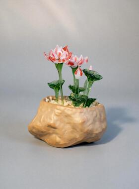 琉璃荷花淄博琉璃盆栽彷真绿色植物盆栽莲花好运连连琉璃茶台茶桌