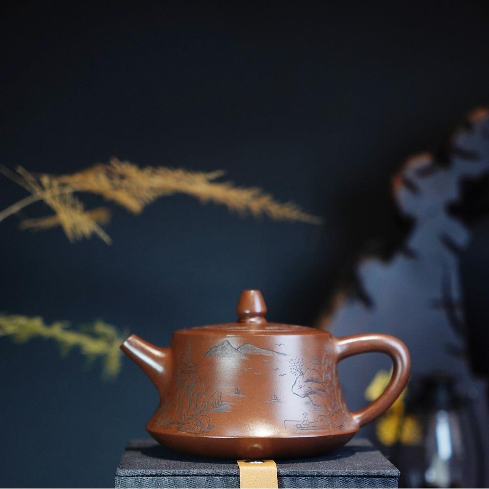 绘景玉柱壶宜兴紫砂壶茶具茶道名家纯手工刻绘文玩茶器原矿茶壶