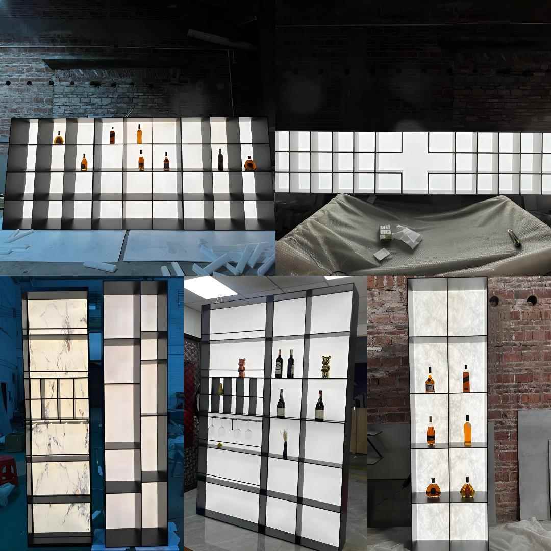 不锈钢发光背板柜定制实心钢板柜置物架压克力导光金属酒格展示柜图片