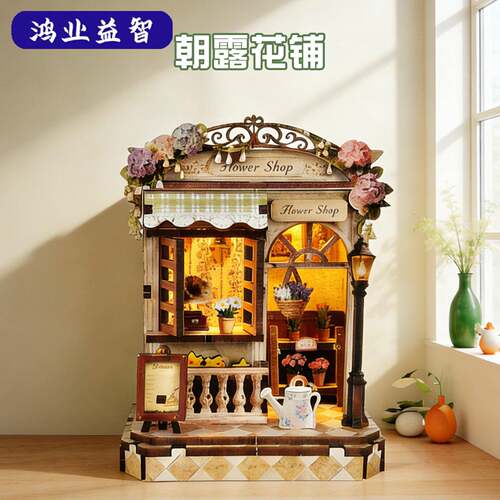跨境diy小屋书立体摆件朝露花铺3d立体手工拼装模型益智微缩场景