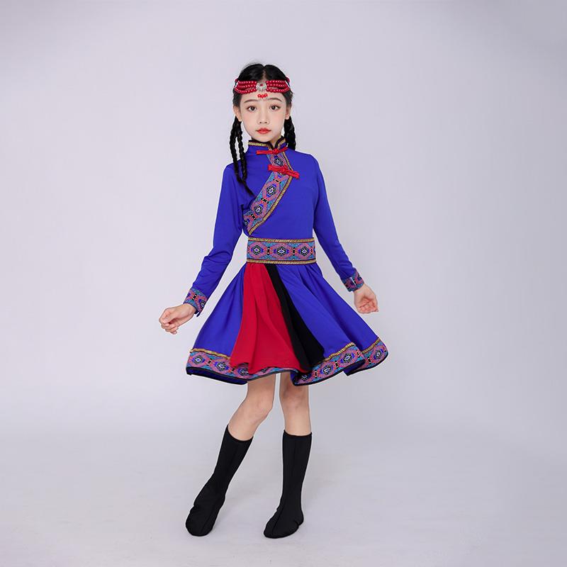 正品儿童蒙古蹈族民舞舞演出服少数族服装女童筷子蒙族舞蹈表演裙