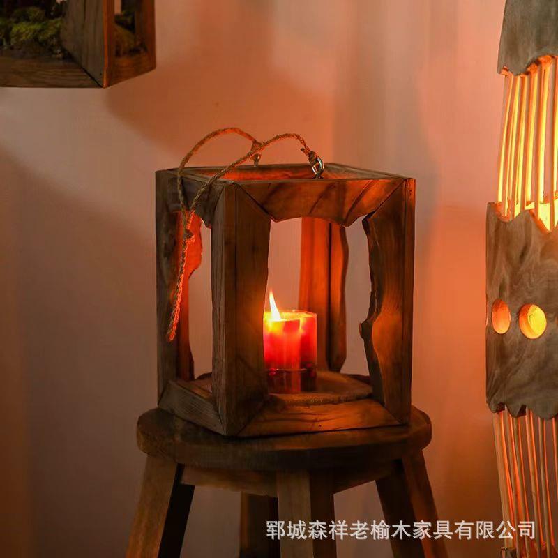 老榆木烛台可挂烛台家家用节日氛围感做旧蜡烛台榆木装饰烛台座