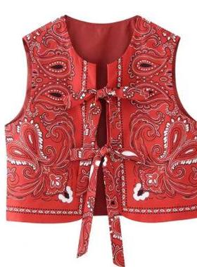 亚马逊新款欧美女装2025夏季新款休闲风圆领绑带饰棉马甲女D16164