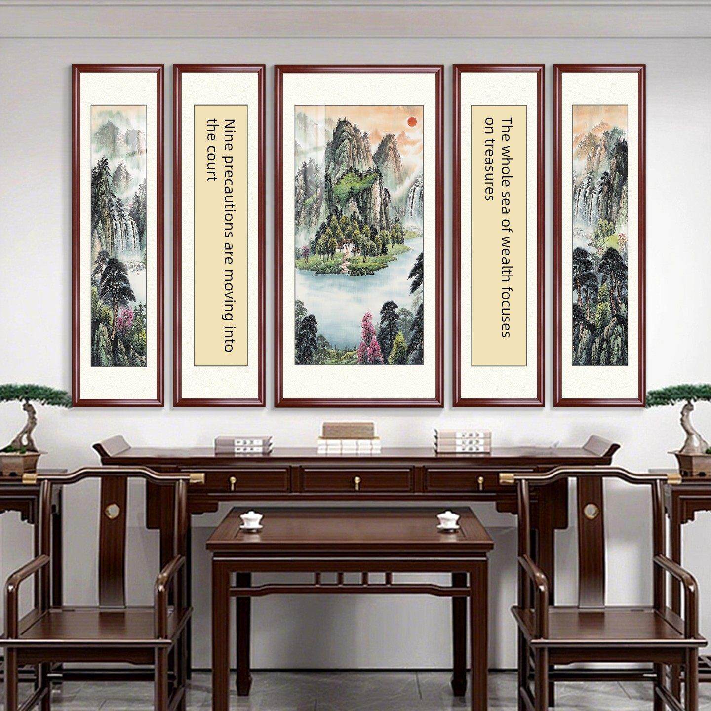 笔画客厅挂画乡村堂房子大堂大气对联中国画山水靠山聚宝盆五部壁