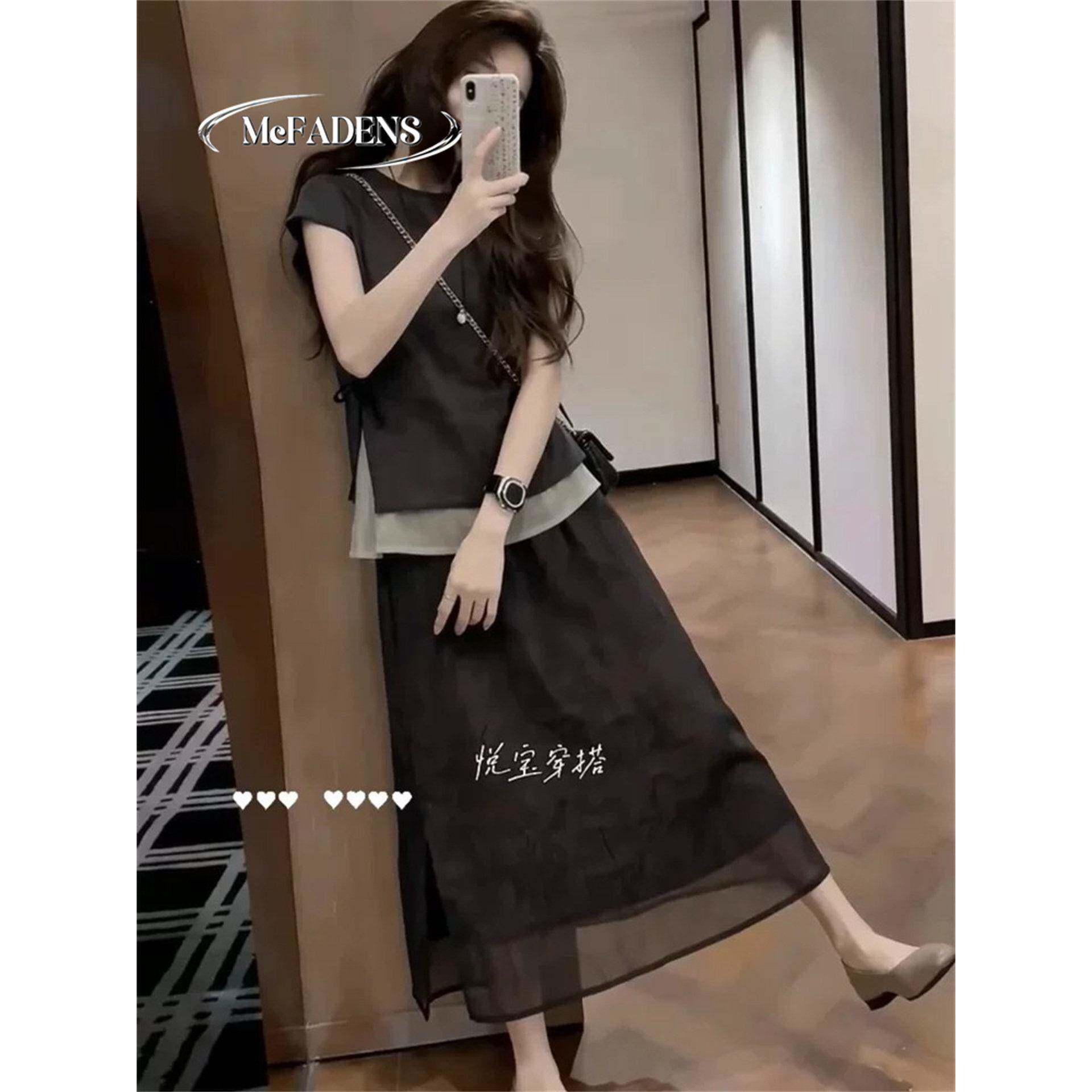 香港2026夏季新款时尚套装裙女小众不规则假两件系带短袖+半身裙