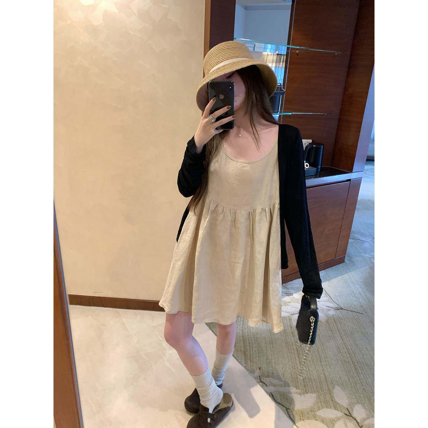 FFshu圆脸柒柒 春夏亚麻色无袖洋装女内搭小个子甜美减龄背心裙