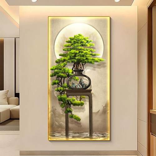 新中式迎客松玄关装饰画入户正对门山水壁画led灯画走廊过道挂画