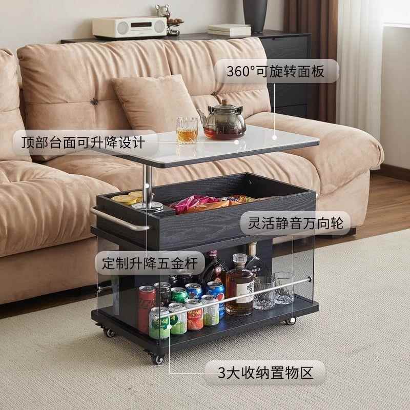 正品意式极简移茶几可降折叠长边方形岩板动多功能客厅小推车升沙