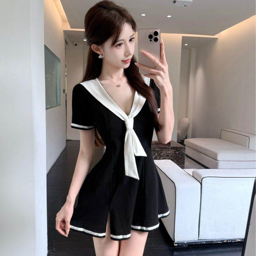 海军风夜场制服诱惑性感夜店女装低胸酒店修身连衣裙技师服短裙