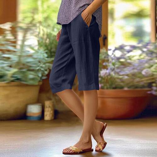 Women's pocket cotton and linen elastic pants
