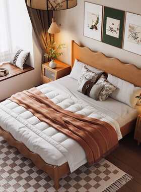 北欧中古风全实木床现代简约波浪床1.5米1.8米复古双人床主卧婚床