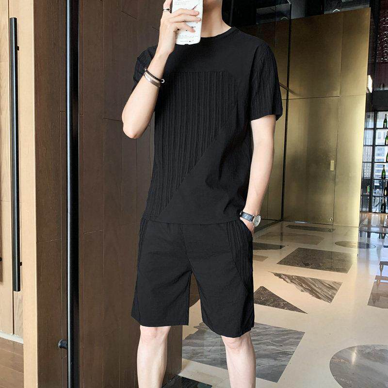 男士休闲套装夏季冰丝薄款短袖短裤搭配韩版潮流运动衣服一套男装