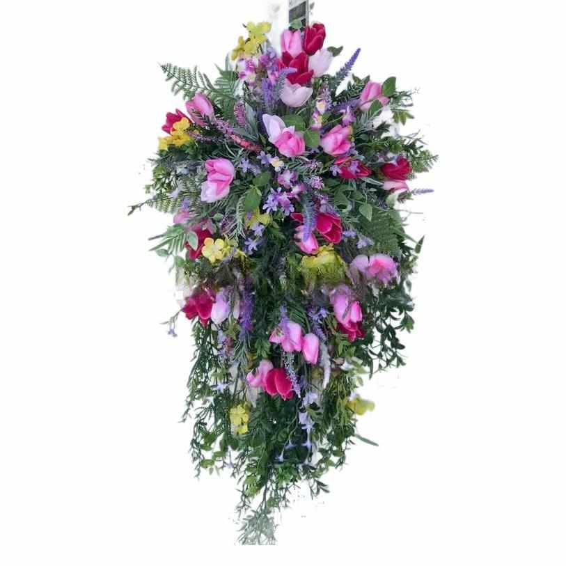 春季紫色郁金香花环丁香郁金香风信子绣球花多彩春夏花环家居装饰