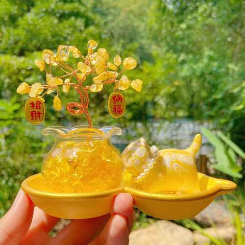 东魅财财猫富桂树可爱珍珠大漆猫咪发财树富桂树创意桌面摆件景区