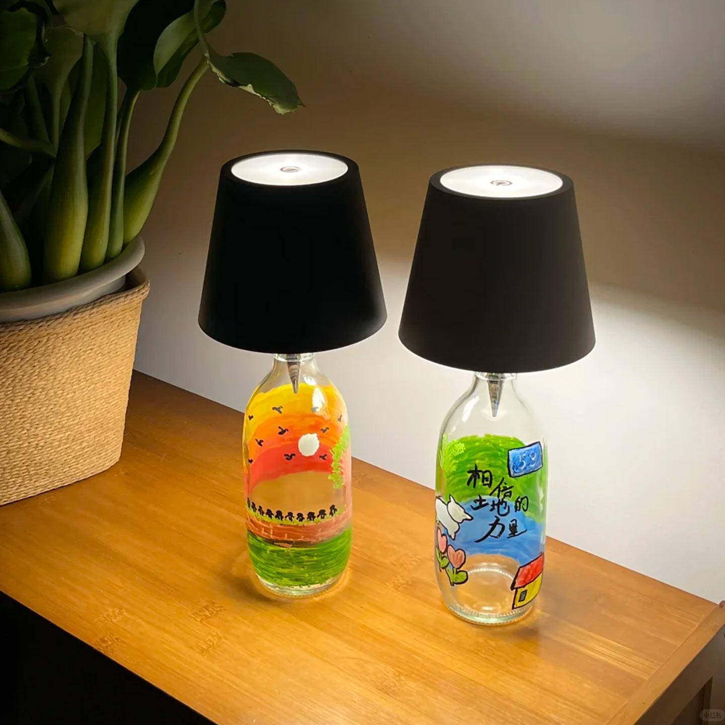 创意手工diy涂鸦玻璃瓶台灯氛围感小夜灯可移动嵌入式酒瓶灯摆件.
